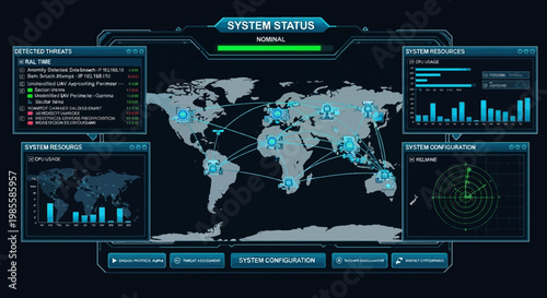 Digital network system monitor displaying global connections and potential cyber threats scanning and data analysis in a blue and green interface