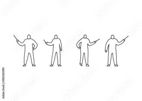 支持棒を持っているプレゼンターの手描きイラストセット（線画）