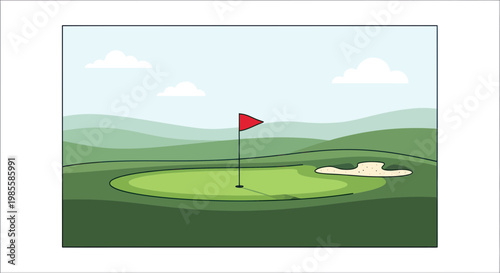 Golf Course Green With Flag and Sand Trap, Rolling Hills Background