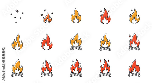 Hand-drawn campfire icons set, cartoon fire symbols, drawing style