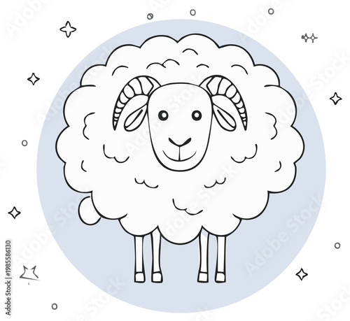 Line Drawing Of A Friendly Ram With Curled Horns And A Fluffy Body Surrounded By Stars