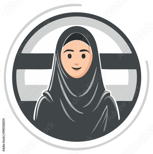 Smiling Muslim woman in a black hijab, modern Arabic female portrait illustration for an avatar or icon.