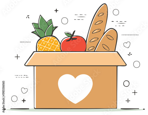 Donation Box Filled With Fresh Food and Bread Featuring Heart Symbol