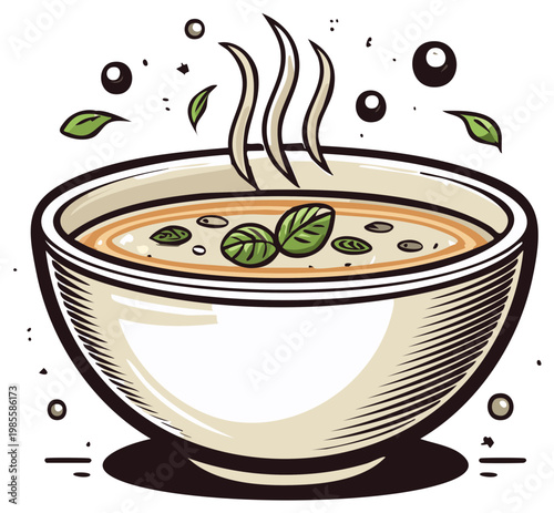 Hot creamy soup with fresh green herbs steaming in a cozy bowl hand drawn illustration