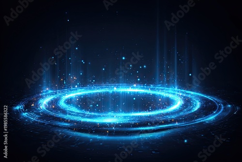 Glowing blue digital portal with particles erupting upwards