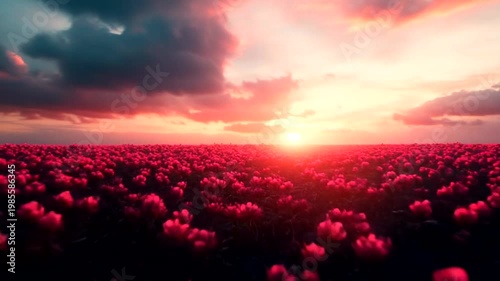 Vibrant sunset over a vast field of blooming pink flowers with dramatic clouds in the background