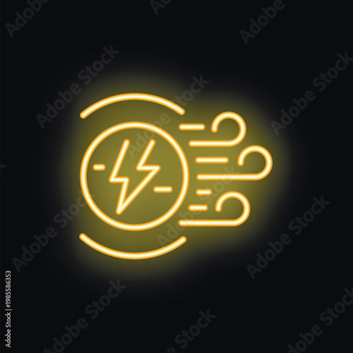 Yellow neon sign showing wind energy generating electricity with a lightning bolt