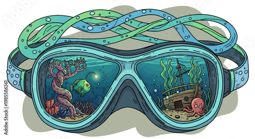 Diving mask reflecting underwater shipwreck scene with fish and coral reef cartoon illustration style teal blue and grey color palette
