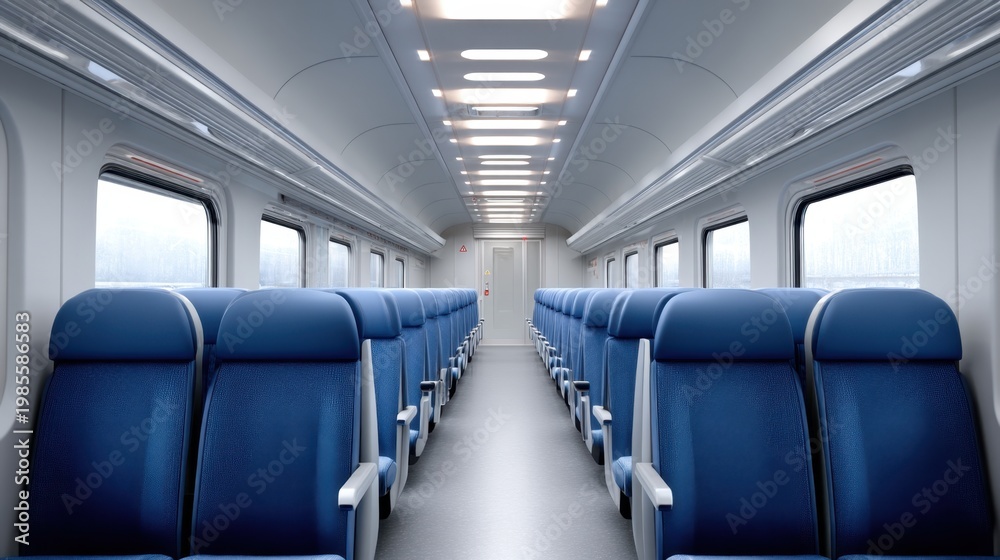 Obraz premium Modern Interior of a Train Cabin Featuring Comfortable Blue Seats and Bright Lighting in a Spacious and Clean Environment