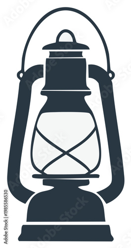Vintage kerosene lantern icon with a dark blue silhouette and clear glass