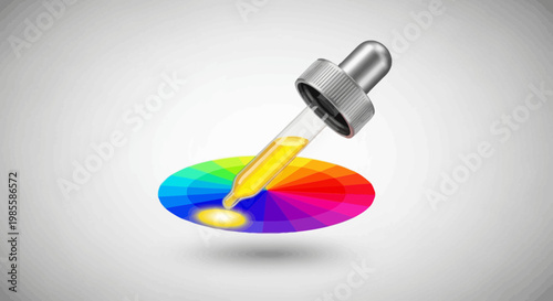 Dropper extracting vibrant yellow pigment from chromatic palette wheel in graphic design illustration concept isolated on white