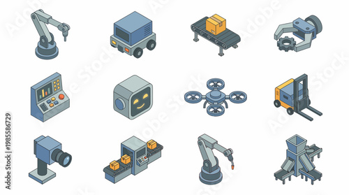 Isometric 3D icon set of industrial robots and machines in a factory environment