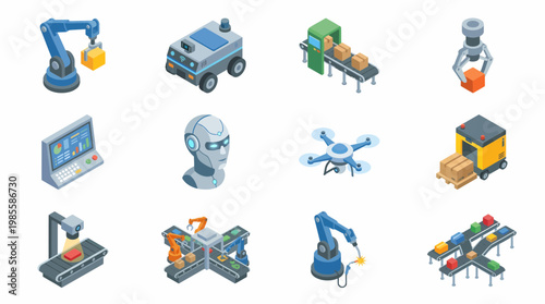 An isometric 3D icon set depicting various industrial robots and machinery in action.