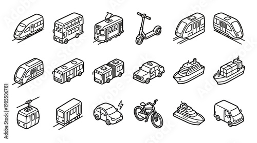 Isometric line art icons depicting various modes of public and private transportation, including trains, buses, trams, cars, boats, scooters, and bicycles.