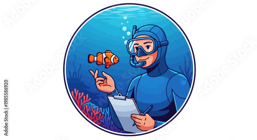 Diver interacting with clownfish in ocean illustration; scuba diver with clipboard observes marine life in cartoon style aquatic scene