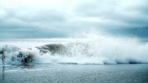 Waves crashing on a serene beach under cloudy skies, creating a tranquil coastal scene