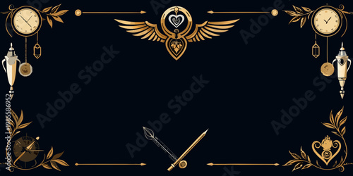 Ornate golden steampunk frame with clocks and wings, vector