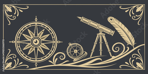Vintage nautical navigation symbols with compass and telescope, vector
