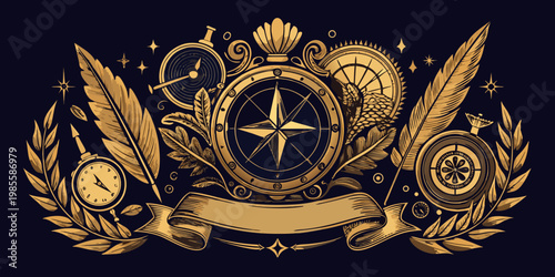 Vintage nautical emblem with compass and gold banner, vector