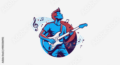 Dynamic guitarist playing electric guitar with musical notes in a vibrant vector illustration style on clean backdrop for commercial use