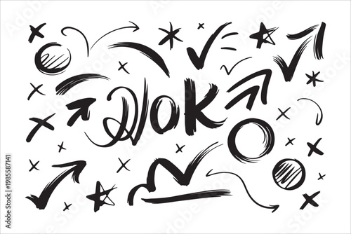 Black ink doodles and handwritten wok text on a white background