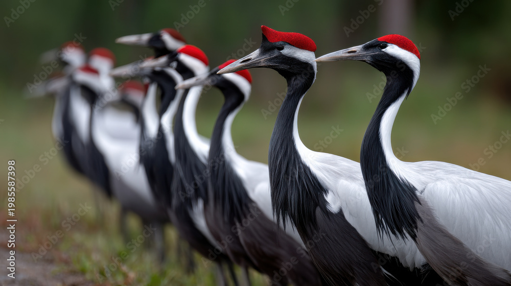 Obraz premium Elegant crane bird group red cap focus depth perspective wildlife