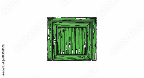 Weathered green wooden door with a simple metal handle and frame