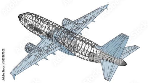 Vector 2D CAD drawing of airplane structure in flight