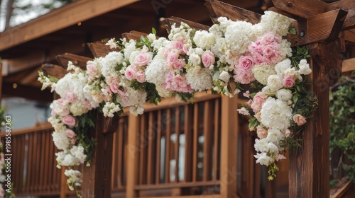 Rustic Wooden Wedding Arch Adorned with Lush White and Pink Floral Arrangements Outdoor Ceremony Decor Soft Natural Lighting