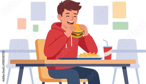 Person eating burger and fries at a table in a casual setting