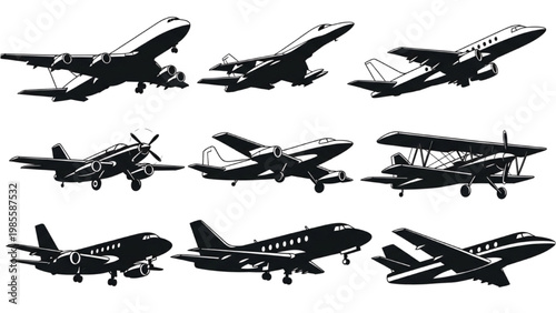 Various vector 2D CAD airplane designs in different poses