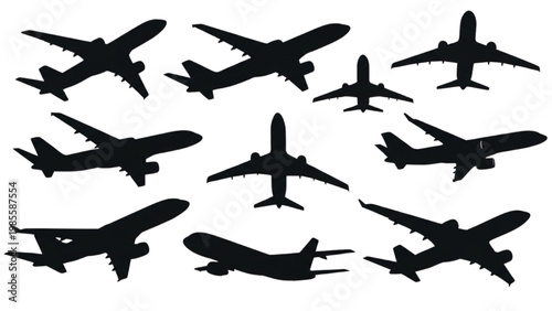 Vector 2D CAD illustration of various airplanes in flight viewed from side