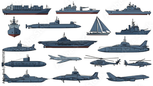 Vector 2D CAD designs of various military vehicles and ships in a digital illustration.