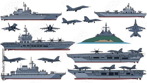 Military ships and aircraft in vector 2D CAD designs for naval operations