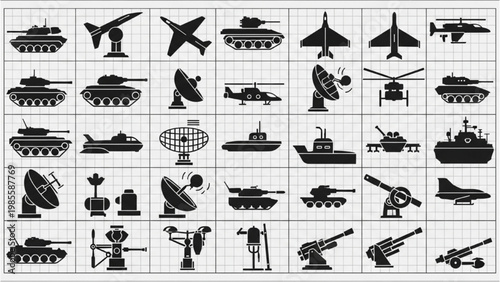 Detailed vector 2D CAD illustrations of various military vehicles and aircraft on grid paper
