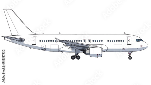 Fotografija Vector 2D CAD drawing of an airplane in flight over landscape
