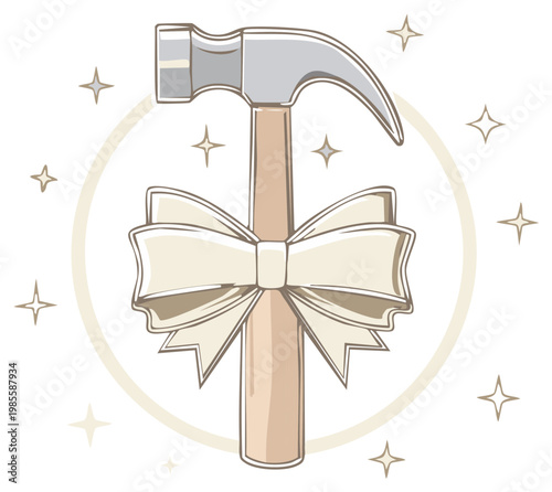 Elegant cartoon hammer with a festive ribbon bow a gift for a builder or DIY enthusiast