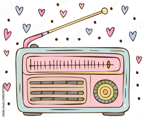 Cute hand drawn illustration of a vintage pastel radio with floating love hearts