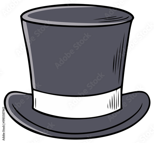 Classic gray top hat with white band in a cartoon illustration style