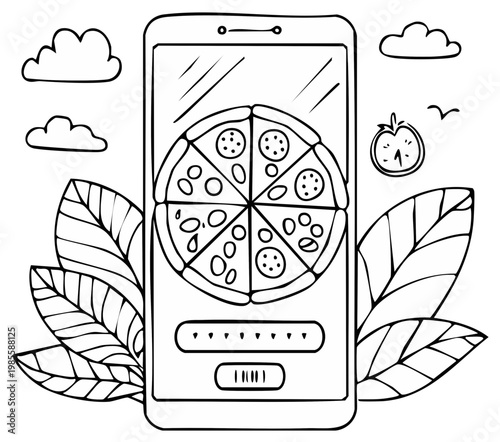 Smartphone displays pizza ordering app amidst leaves, clouds, and a clock in a hand-drawn style.