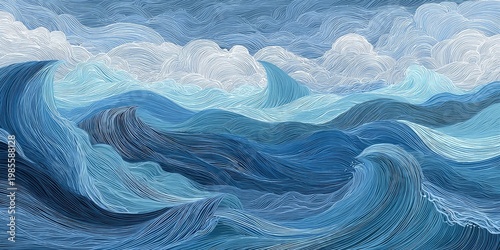 Dynamic blue ocean waves and white cloud formations rendered with flowing, textured brushstrokes