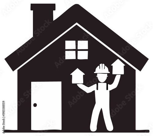 Construction worker holding two houses in front of a house silhouette