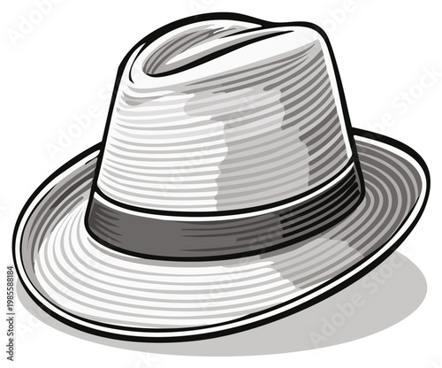 Illustration of a classic fedora hat with stripes and a dark band.