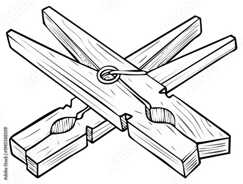 Crossed Clothes Pins Illustration Wooden Clothespins Graphic Laundry Pegs Sketch Line Art Style