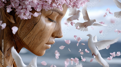 Wooden woman portrait cherry blossom petals white dove fantasy art serene face spring flower nature beauty surreal scene peaceful mood petal flight wooden woman portrait crowned with cherry