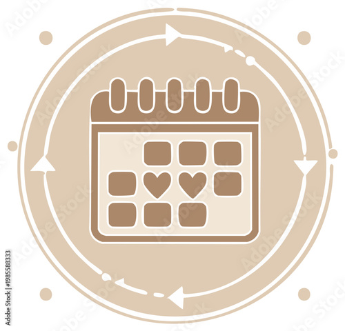 Calendar with hearts icon and circular arrows for cycle tracking planning and scheduling