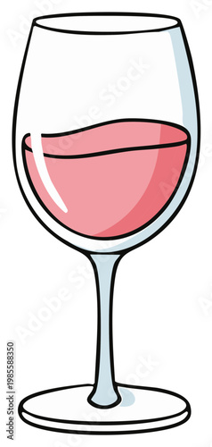 Delicate glass of pink rose wine with subtle shading and simple outline