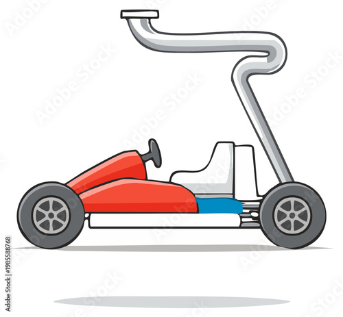 Whimsical red go kart cartoon with a large silver custom exhaust pipe vector illustration