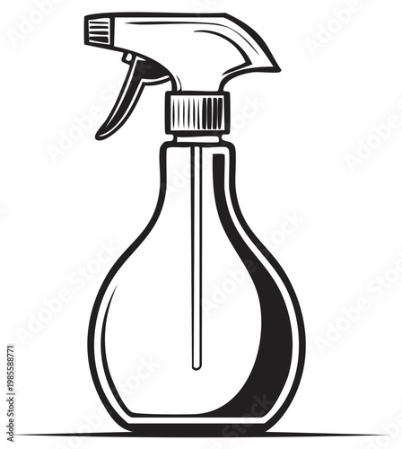 Black and white illustration of a plastic trigger spray bottle with curved container for cleaning and disinfecting solutions.