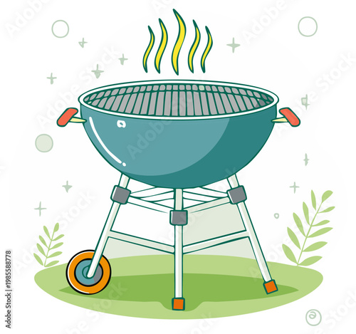 Cartoon illustration of a charcoal grill outdoors, cooking.